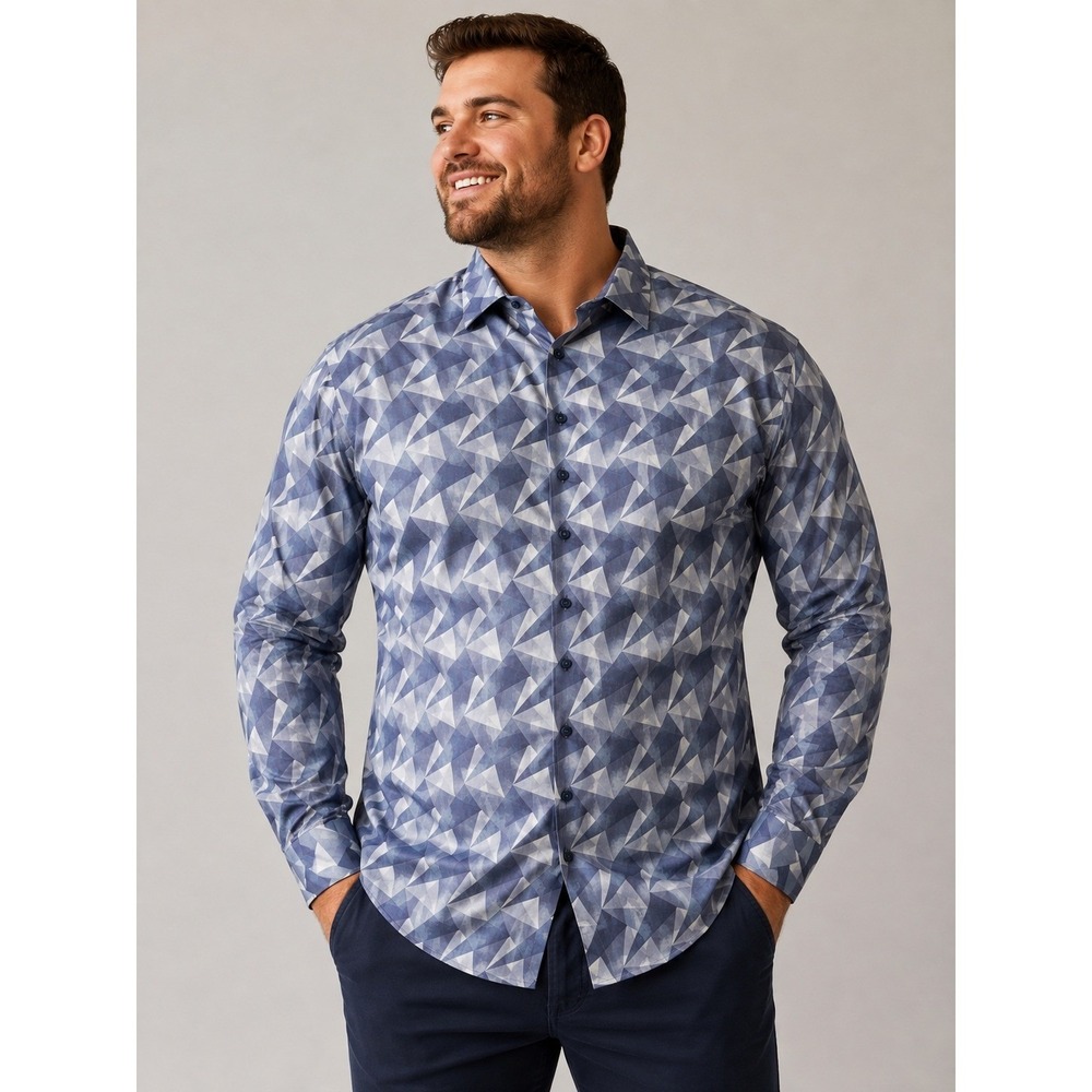 CXL‎ Christian Lacroix Button Down L Blue Grey Geometric Prism Tailored Designer